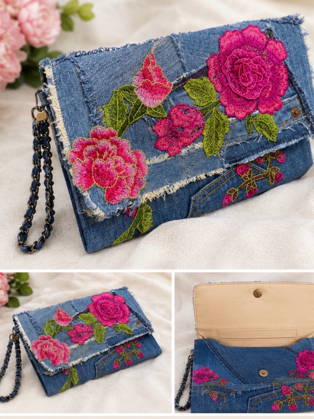 Embroidered Denim Clutch Wallet with Pink Floral Appliqué